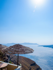 Traditional santorini island architecture and amazing sea view. Santorini, Cyclades, Greece.