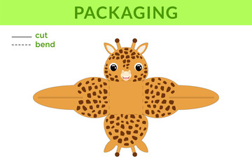 Adorable DIY party favor box for birthdays, baby showers with cute giraffe for sweets, candies, small presents, bakery. Printable color scheme. Print, cut out, fold no glue. Vector stock illustration.