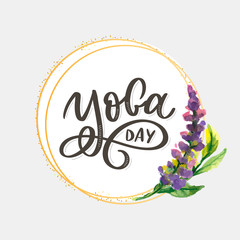 Lettering Yoga. Vector background International Yoga Day. Vector design for poster, T-shirts, bags. Yoga typography. Vector elements for labels, logos, icons, badges.