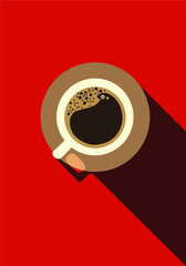 Minimal Design Poster . Cup of Coffee on a red Background. Top view