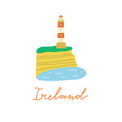Ireland vector clipart. Nature landscape with rock, sea and lighthouse isolated on white background. Travel destination illustration