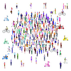 A large group of people standing in a circle. High angle view or top view image. Isolated, white background. Vector illustration.