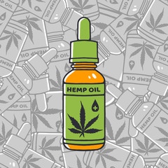 Cannabis oil. Medical marijuana. Hemp oil in a jar. CBD oil hemp products. Oil glass bottle. Stock Vector Illustration.