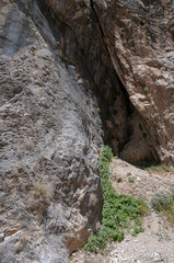 mountains of Central Asia. a narrow road between mountains. rapid river and sparse vegetation. there are no people.