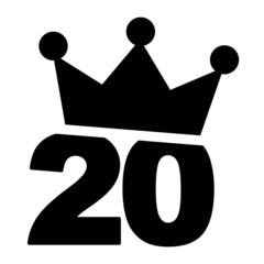 Vector illustration of number 20 with a crown on the top - twentieth birthday  graphic