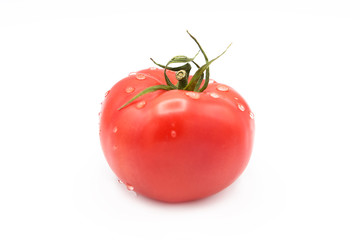 Ripe fresh organic tomato in water drops isolated on white background