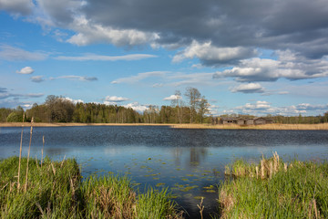 City Araisi, Latvia. Reconstructed wooden castle on the lake. Historic building.