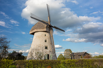 Plakat Cit Araisi, Latvia. Old historic windmill and nature.