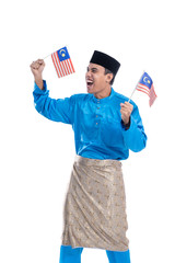 excited malaysian male muslim with flag over white background