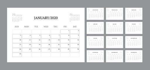 Calendar 2020 template planner vector diary in a minimalist style