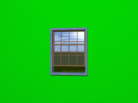3D illustration of sash window opened to green lawn and cloudy blue sky from lime wall. stone and wood materials