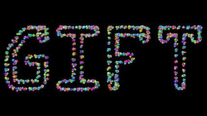 gift written in 3D illustration by colorful small objects casting shadow on a black background