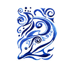 blue dolphin pattern with stylized dolphin. Abstract hand-drawn watercolor image. Print, textile, paper. Sea, ocean, wildlife.