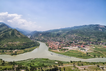 View to confluence Aragvi and Mtikvari rivers and town of Mtsheta from Jvari church. Georgia © Milosz Maslanka