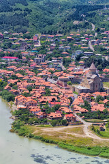 View to confluence Aragvi and Mtikvari rivers and town of Mtsheta from Jvari church. Georgia