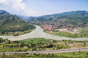 View to confluence Aragvi and Mtikvari rivers and town of Mtsheta from Jvari church. Georgia © Milosz Maslanka