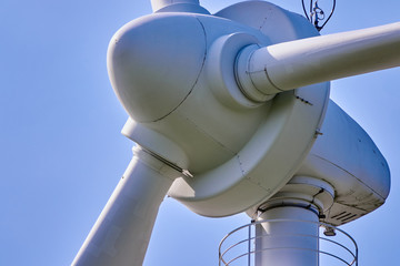 Close-up view of the hub of a wind turbine rotor