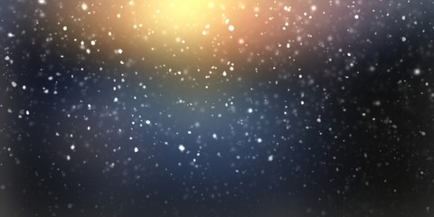 Fototapeta na wymiar Snow falling on dark backdrop. Winter night blur background. Magic golden glow top.
