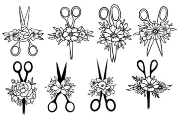 Set of scissors. Collection of scissors with flowers frame. Logo for the salon. Vector illustration for hairdresser. Tattoo.