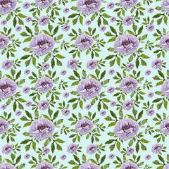 
Lilac peonies. Seamless pattern. Hand drawn watercolor illustration. Flowers, bloom, flora. Nature, garden. Vintage style, retro, sketch. Print, textiles. Purple, pink, provence