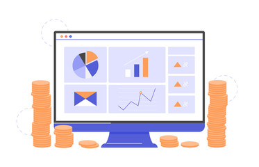 Computer screen with financial dashboard and a stacks of coins. Economic analysis, risk assessment. Charts and graphs. Vector flat illustration.