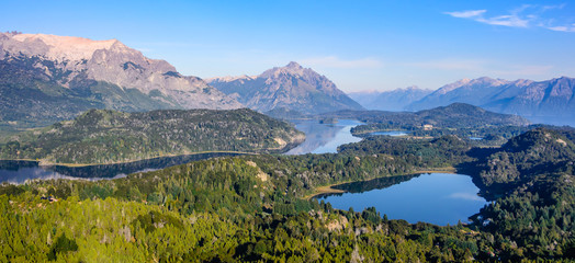 Fototapeta na wymiar Panoramic view of lakes Nahuel Huapi and slopes of mountain Cerro Campanario near Bariloche. Argentina, South America