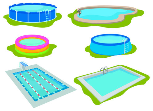 Set Of Swimming Pools. Сollection Of Different Types Of Inflatable, Olympic And Home Pool. A Refreshing Fun Pastime. Color Vector Illustration For Children.и