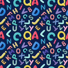 English alphabet hand-drawn colored. Children's illustration. Funny, cartoony, cute. Print, textile, paper, background. Seamless pattern. Letters of different colors.
