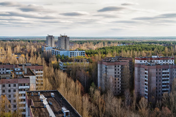 View from roof of 16-storied apartment house in Pripyat town, Chernobyl Nuclear Power Plant Zone of...