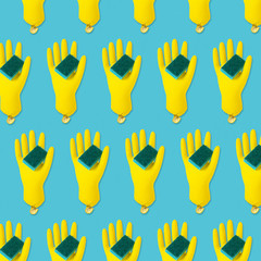 Yellow latex gloves pattern.  Cleaning gloves on blue background. 