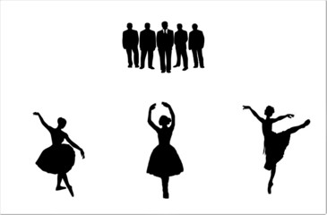vector illustration of silhouettes of dancers dancing in front of the audience on a white background