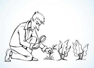 A man with a magnifier is looking for weeds. Vector drawing