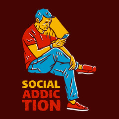 Social Addiction Vector illustration. Man with a Phone in his Hands. Concept social addiction and smartphone addiction on black background isolated. Stock Vector Illustration. Hand Drawn Style. 