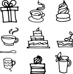Doodle set New Years coffee, tea, cups, breakfast, drinks. Graphic hand-drawn illustration. Holiday sketch. Vintage, retro, print, textiles, gifts