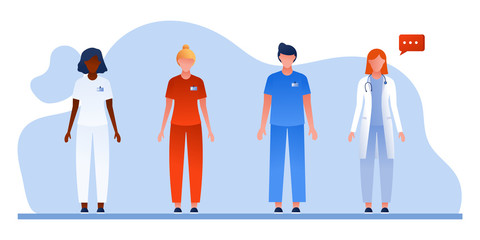 Set of male and feamle doctor and nurse talking. Medical staff team in uniform. Flat vector illustration. Healthcare, telemedicine. Students, interns. Therapist, surgeon, infection disease physician