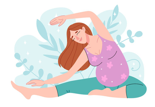 Pregnant woman relax doing yoga.Happy and healthy pregnancy concept .Sitting in lotus position.Flat cartoon vector illustration.