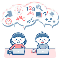 Children studying using a computer/ Two colors