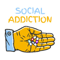 Symbols of Social Addiction. Pills with Social Network signs in hand. Capsules Hand Drawn on white background isolated. Stock Vector Illustration. Cartoon style. 