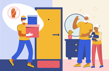 Contactless safe delivery during quarantine. ourier in a medical protective mask and gloves delivers boxes of goods and products to an elderly couple. Senior man and woman are at home. Order online