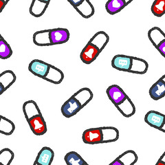 Pills with Social Media Seamless Pattern. Symbols of Social Addiction Seamless Pattern. Capsules Seamless Pattern on white background isolated. Stock Vector Illustration. Cartoon style. 