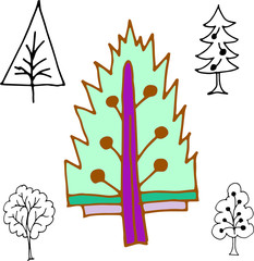 Doodle set holiday, vacation trees New Years . Graphic hand-drawn illustration. Holiday sketch. Vintage, retro, print, textiles, gifts