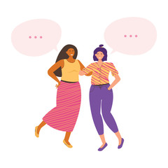 Female friendship. Two women friends spend time together. Pair of pretty young girls standing together and hugging. Dialogue bubble with an empty space for text. Vector flat cartoon illustration.