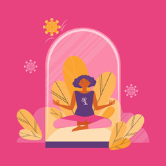 Obraz na płótnie Canvas Concept illustration of safe social distance, quarantine and virus protection. Young woman is doing yoga and sitting in the Lotus position. Girl inside a glass dome. Health protection. Flat vector.