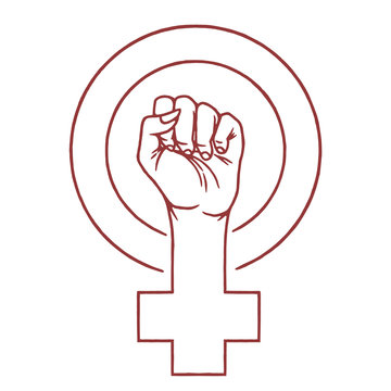 Outline Symbol of Feminism Movement. Woman Hand with her fist raised up. Girl Power Sign on white background isolated. Stock Vector Illustration.