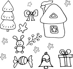 Doodle set new year and christmas. Graphic hand-drawn illustration. Holiday sketch. Vintage, retro, print, textiles. House, Christmas tree, toys, gifts, flowers and sweets