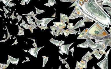 Flying dollars banknotes isolated on dark background. Money is flying in the air. 100 US banknotes new sample. 3D illustration