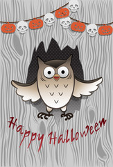Cartoon owl, pumpkins and skulls. Happy Halloween. Vector illustration. Greeting card.