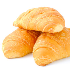 Closeup France croissant bread isolated on white background, top view of the healthy bakery with copy space