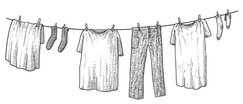 Hanging clothes illustration, drawing, engraving, ink, line art, vector