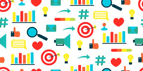 smm seamless pattern. Sign and icon for social media marketing on multi-colored square. News feed in online network. Cute illustration in flat style.